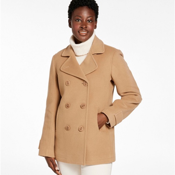 L.L. Bean Camel Wool Peacoat Double Breasted Anchor Button Coat - Picture 5 of 11